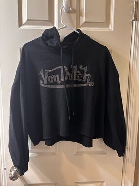 Von Dutch Black Rhinestone Logo Cropped Hoodie Sweater